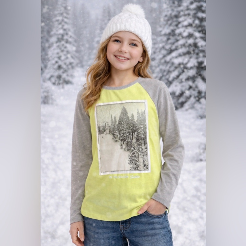 Justice Long Sleeve Raglan Tee – Snowy Scenic Graphic | Size M (10) NWT